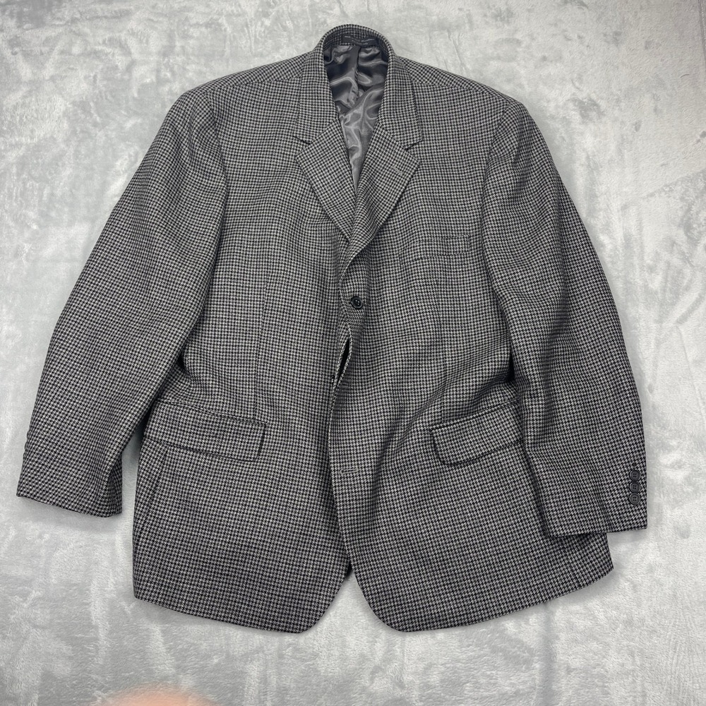 Andrew Fezza Blazer Jacket Mens 50 Gray Houndstooth Wool Lined Single Breasted